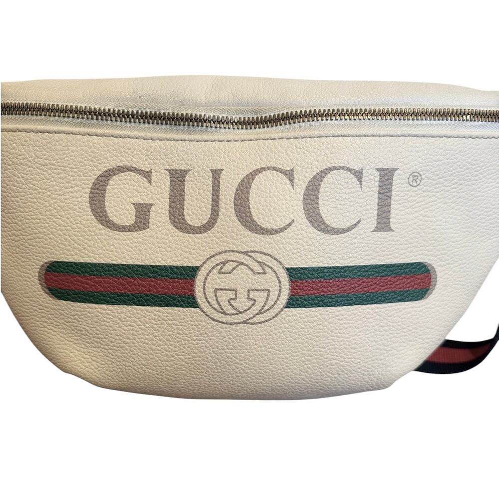 Authentic Gucci Print Leather Belt Bag White Logo Web Stripe Crossbody - Picture 3 of 11